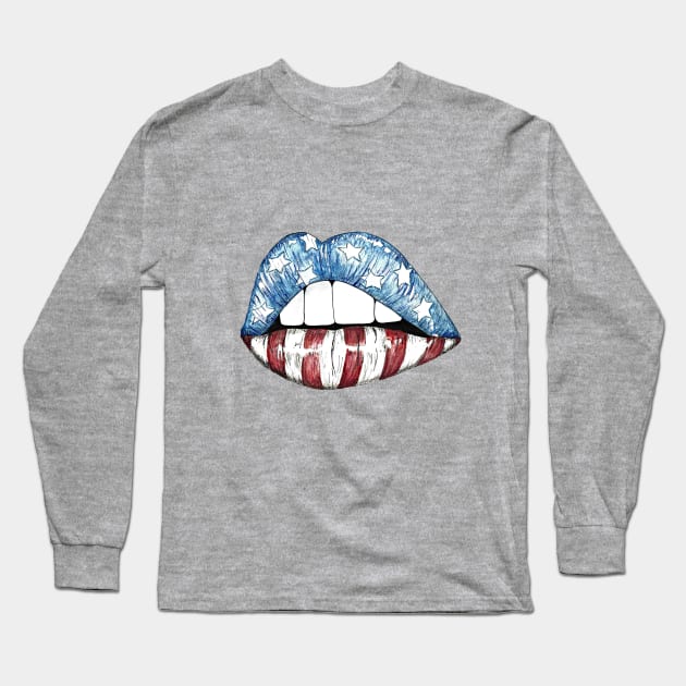 American Flag Lips Long Sleeve T-Shirt by Kyko619